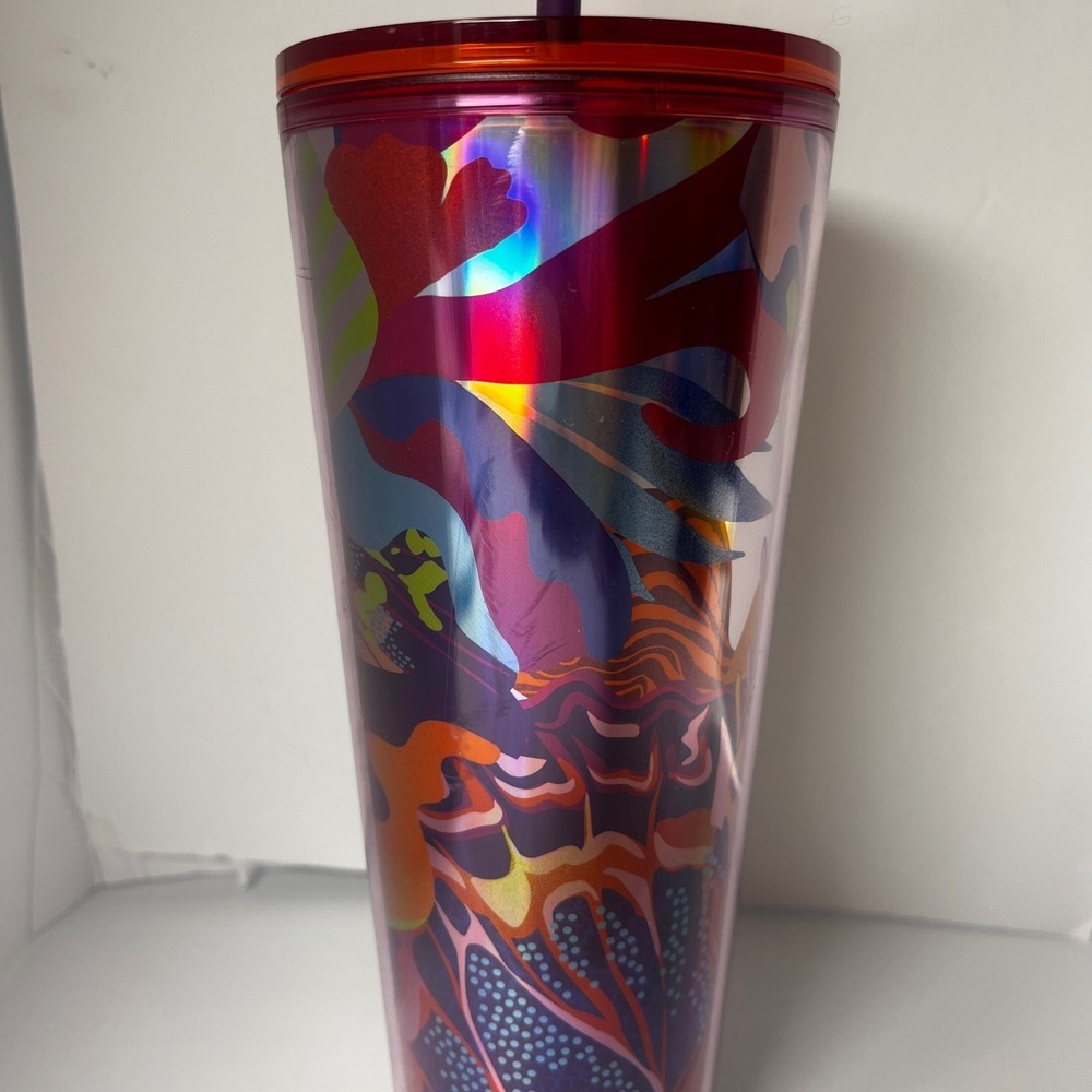 Starbucks 24 oz Tumbler with Straw Iridescent Rainbow Abstract Cold Cup